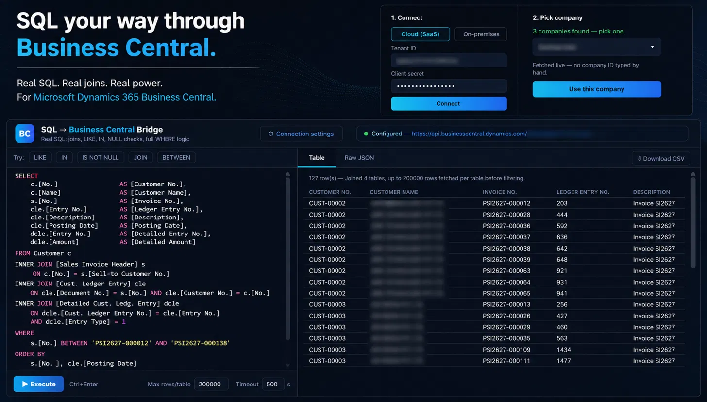 SQL → Business Central Bridge — real SQL joins, LIKE, IN, NULL checks against live BC data on Cloud or On-premises